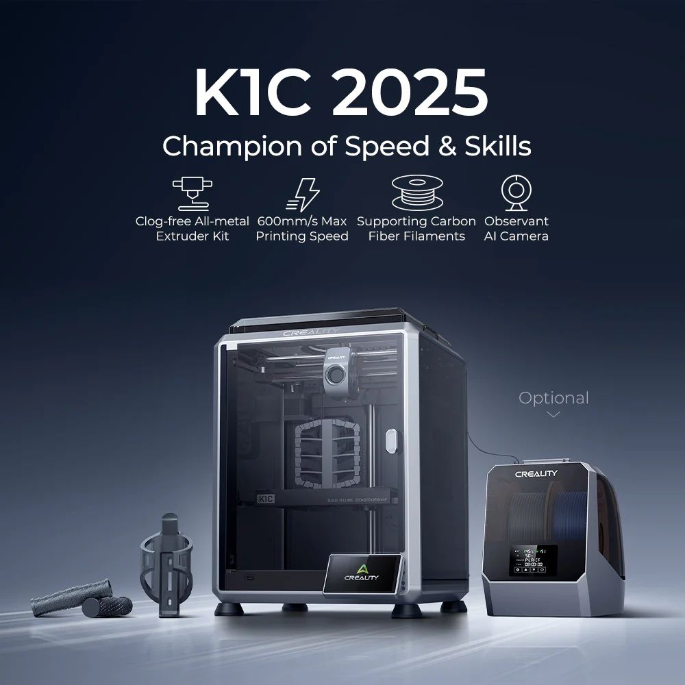Imprimante 3D Creality K1C 2025, impression haute vitesse 600 mm/s, pr&eacute;cision 0,1 mm, volume d'impression 220 x 220 x 250 mm, buse 300 &deg;C, cam&eacute;ra IA et &eacute;talonnage automatique, compatible PLA/PETG/TPU/ABS/ASA