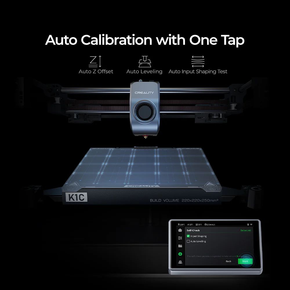 Imprimante 3D Creality K1C 2025, impression haute vitesse 600 mm/s, pr&eacute;cision 0,1 mm, volume d'impression 220 x 220 x 250 mm, buse 300 &deg;C, cam&eacute;ra IA et &eacute;talonnage automatique, compatible PLA/PETG/TPU/ABS/ASA