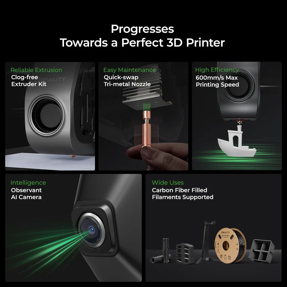 Imprimante 3D Creality K1C 2025, impression haute vitesse 600 mm/s, pr&eacute;cision 0,1 mm, volume d'impression 220 x 220 x 250 mm, buse 300 &deg;C, cam&eacute;ra IA et &eacute;talonnage automatique, compatible PLA/PETG/TPU/ABS/ASA