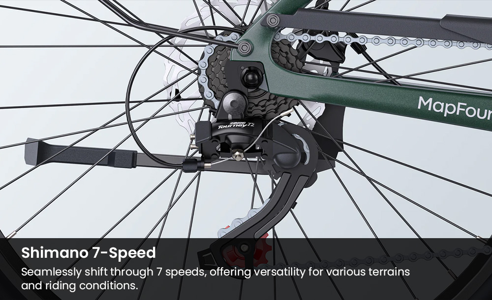 ENGWE MapFour N1 Air Electric Bike, 250W motor, 36V 10Ah batéria, pneumatiky 700*38C s lúčmi, max. rýchlosť 25 km/h, dojazd 100 km, predné a zadné hydraulické kotúčové brzdy, 7-stupňová prevodovka Shimano, senzor krútiaceho momentu, farebný LCD displej - zelený