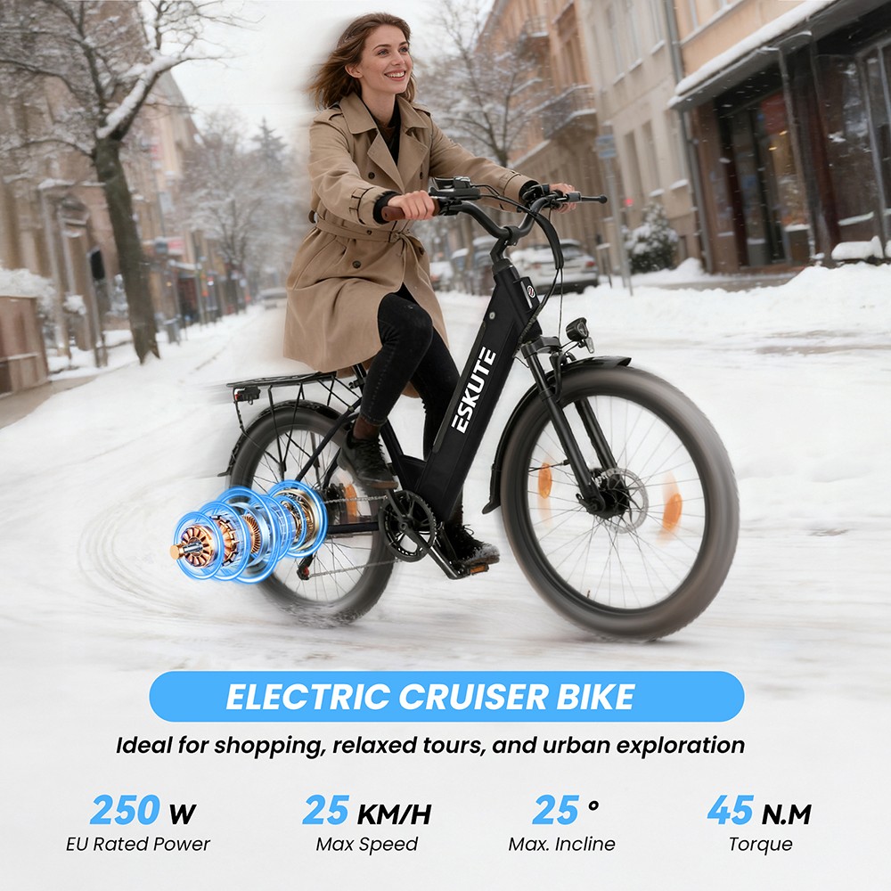 ESKUTE C100 Plus Electric Bike, 250W Motor, 36V 13Ah Battery, 26 inch Tires, 25km/h Max Speed, 100km Range, Shimano 7-speed, LCD Display - Black