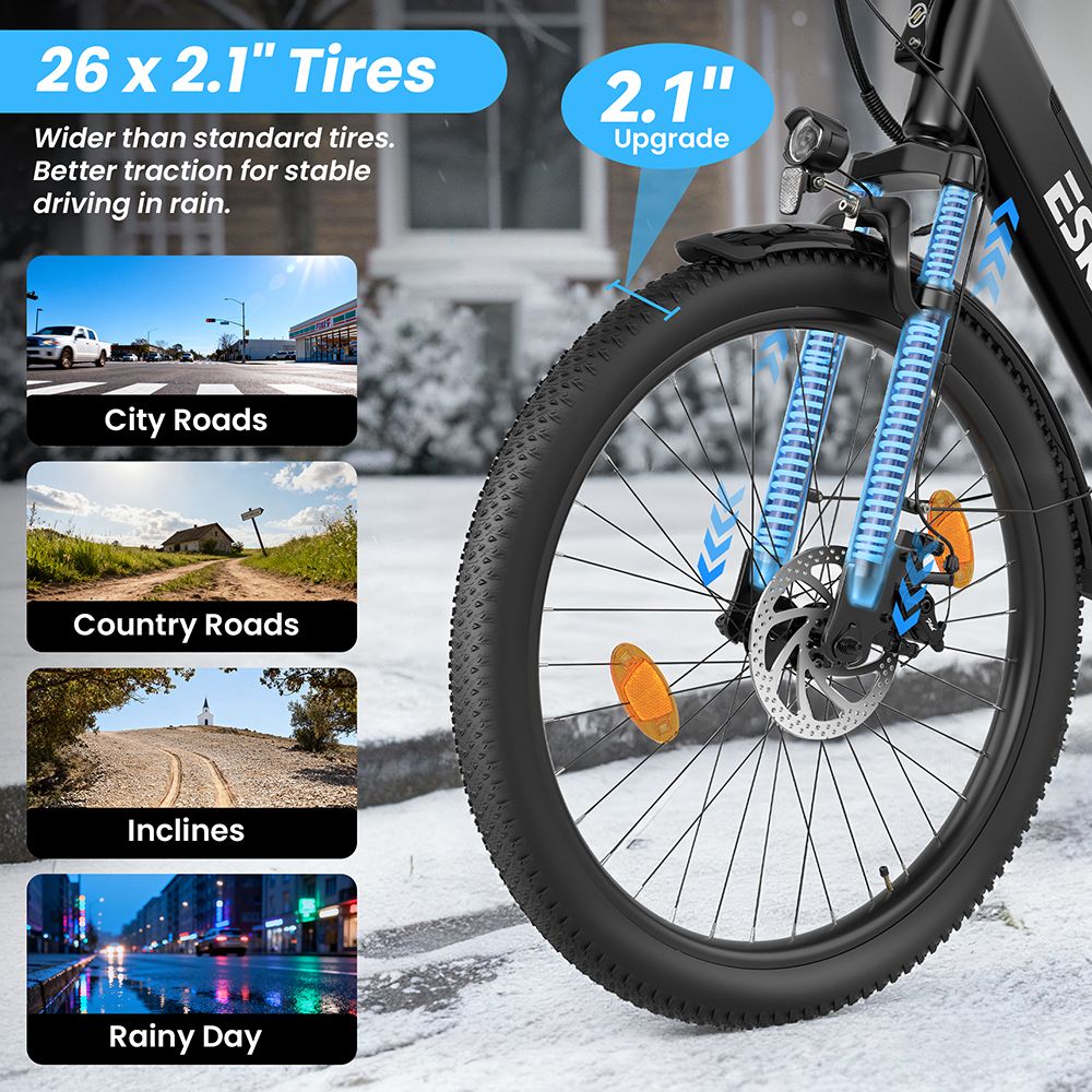 ESKUTE C100 Plus Electric Bike, 250W Motor, 36V 13Ah Battery, 26 inch Tires, 25km/h Max Speed, 100km Range, Shimano 7-speed, LCD Display - Black