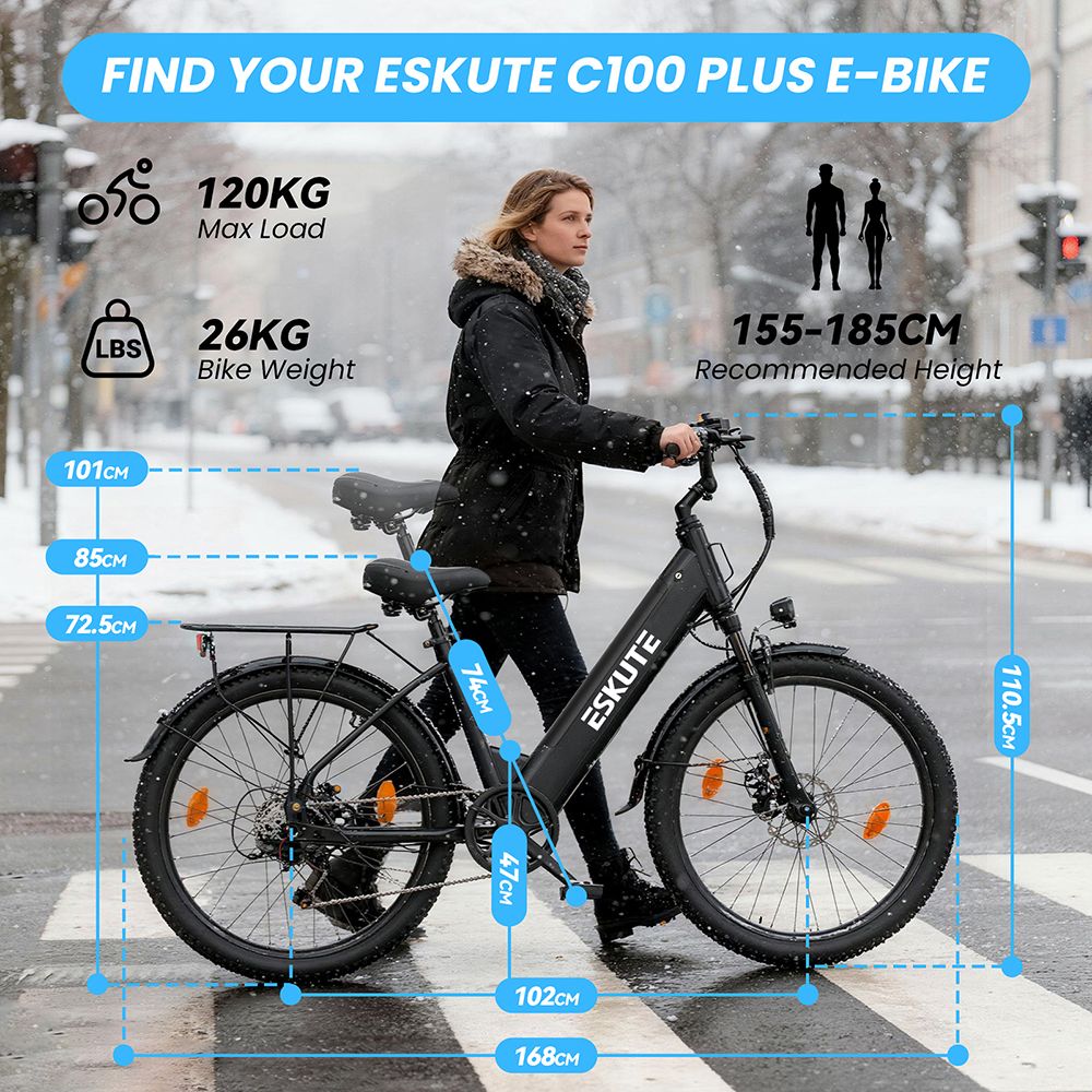 ESKUTE C100 Plus Electric Bike, 250W Motor, 36V 13Ah Battery, 26 inch Tires, 25km/h Max Speed, 100km Range, Shimano 7-speed, LCD Display - Black