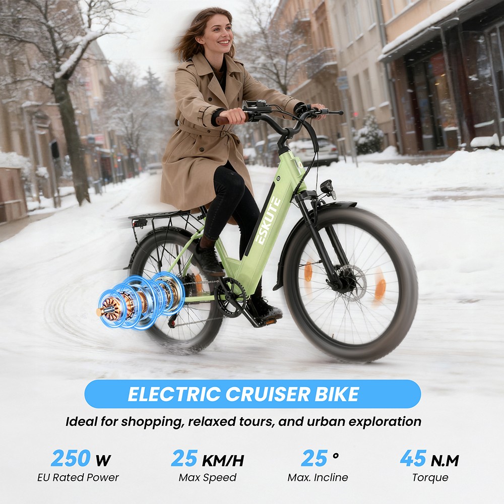 ESKUTE C100 Plus Electric Bike, 250W motor, 36V 13Ah batéria, 26 palcové pneumatiky, max. rýchlosť 25km/h, dojazd 100km, Shimano 7 rýchlostí, LCD displej - zelený