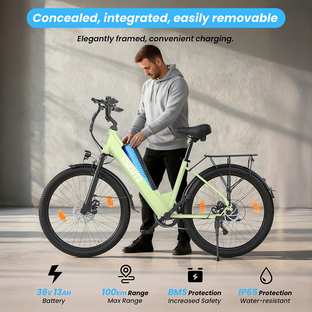 ESKUTE C100 Plus Electric Bike, 250W motor, 36V 13Ah batéria, 26 palcové pneumatiky, max. rýchlosť 25km/h, dojazd 100km, Shimano 7 rýchlostí, LCD displej - zelený