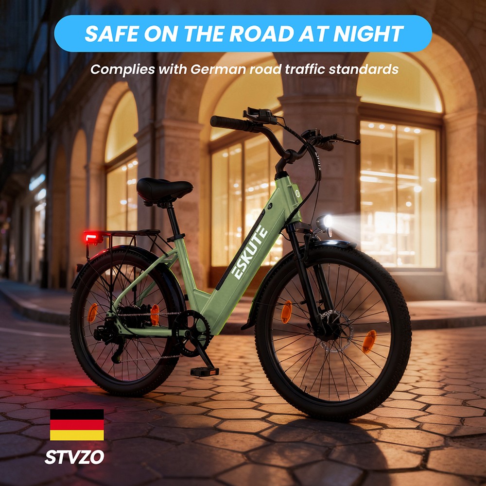 ESKUTE C100 Plus Electric Bike, 250W motor, 36V 13Ah batéria, 26 palcové pneumatiky, max. rýchlosť 25km/h, dojazd 100km, Shimano 7 rýchlostí, LCD displej - zelený