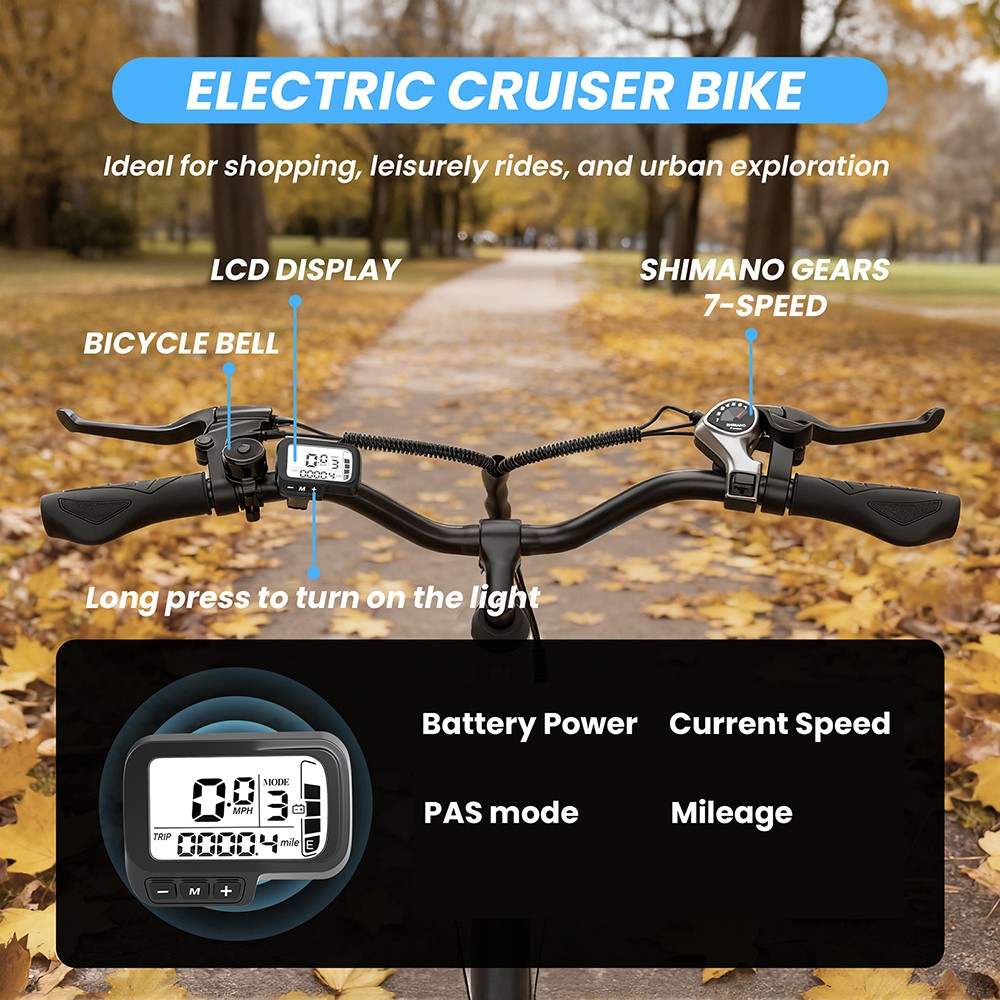 ESKUTE C100 Plus Electric Bike, 250W motor, 36V 13Ah batéria, 26 palcové pneumatiky, max. rýchlosť 25km/h, dojazd 100km, Shimano 7 rýchlostí, LCD displej - zelený