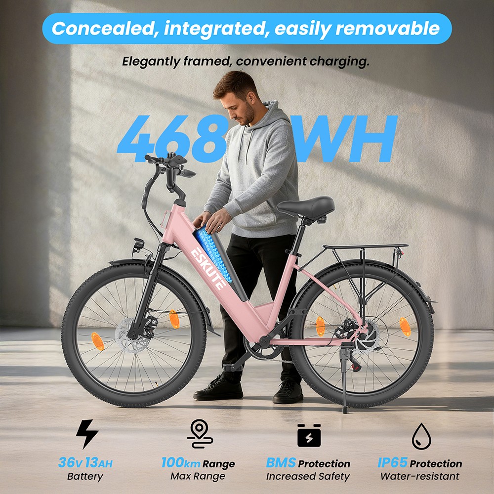 ESKUTE C100 Plus Electric Bike, 250W Motor, 36V 13Ah Battery, 26 inch Tires, 25km/h Max Speed, 100km Range, Shimano 7-speed, LCD Display - Pink