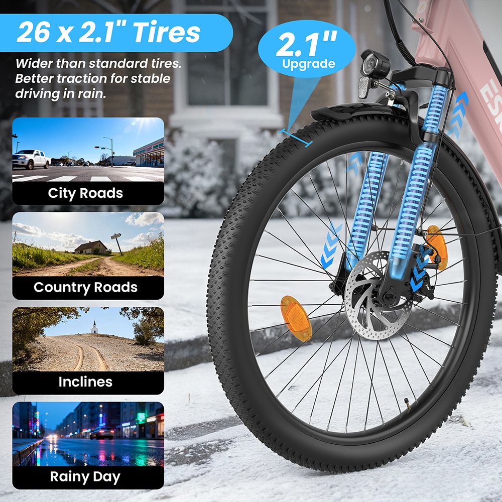 ESKUTE C100 Plus Electric Bike, 250W Motor, 36V 13Ah Battery, 26 inch Tires, 25km/h Max Speed, 100km Range, Shimano 7-speed, LCD Display - Pink
