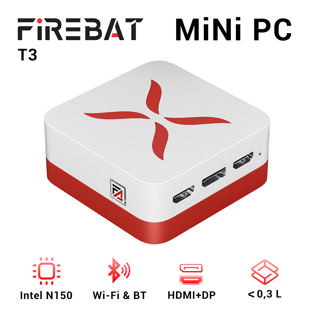 FIREBAT T3 Mini PC, Intel N150 4 Cores Max 3.6GHz, 12GB RAM 512GB SSD, 2*HDMI+DP Triple Screen Display, WiFi 5 Bluetooth 4.2, 3*USB3.0, 2*RJ45, 1*Audio Jack