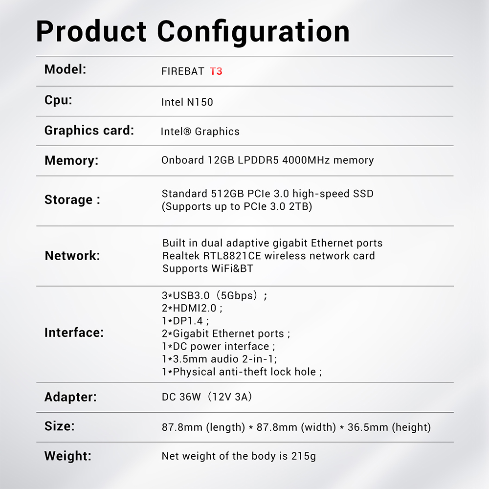 FIREBAT T3 Mini PC, Intel N150 4 Cores Max 3.6GHz, 12GB RAM 512GB SSD, 2*HDMI+DP Triple Screen Display, WiFi 5 Bluetooth 4.2, 3*USB3.0, 2*RJ45, 1*Audio Jack