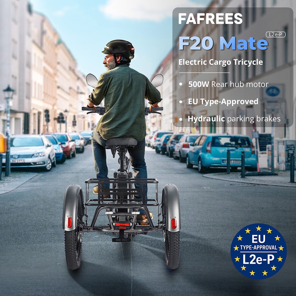 Fafrees F20 Mate Electric Cargo Tricycle EU L1e-B Certified Version, 500W Motor, 48V 21Ah Battery, 20*3 inch Tires, 30km/h Max Speed, 115km Max Range, Hydraulic Disc Brake, Triple Suspension System, LCD Display - Grey