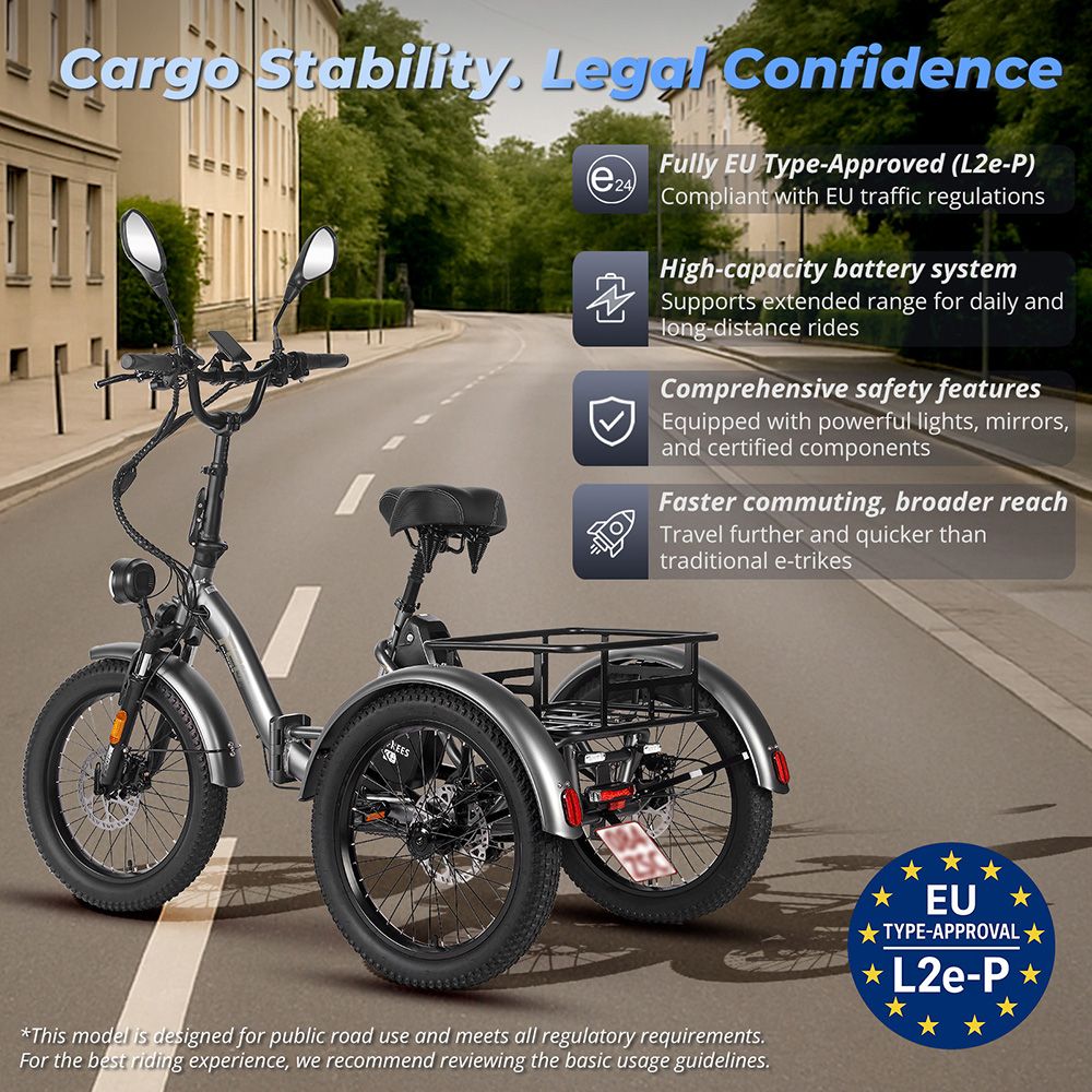 Fafrees F20 Mate Electric Cargo Tricycle EU L1e-B Certified Version, 500W Motor, 48V 21Ah Battery, 20*3 inch Tires, 30km/h Max Speed, 115km Max Range, Hydraulic Disc Brake, Triple Suspension System, LCD Display - Grey