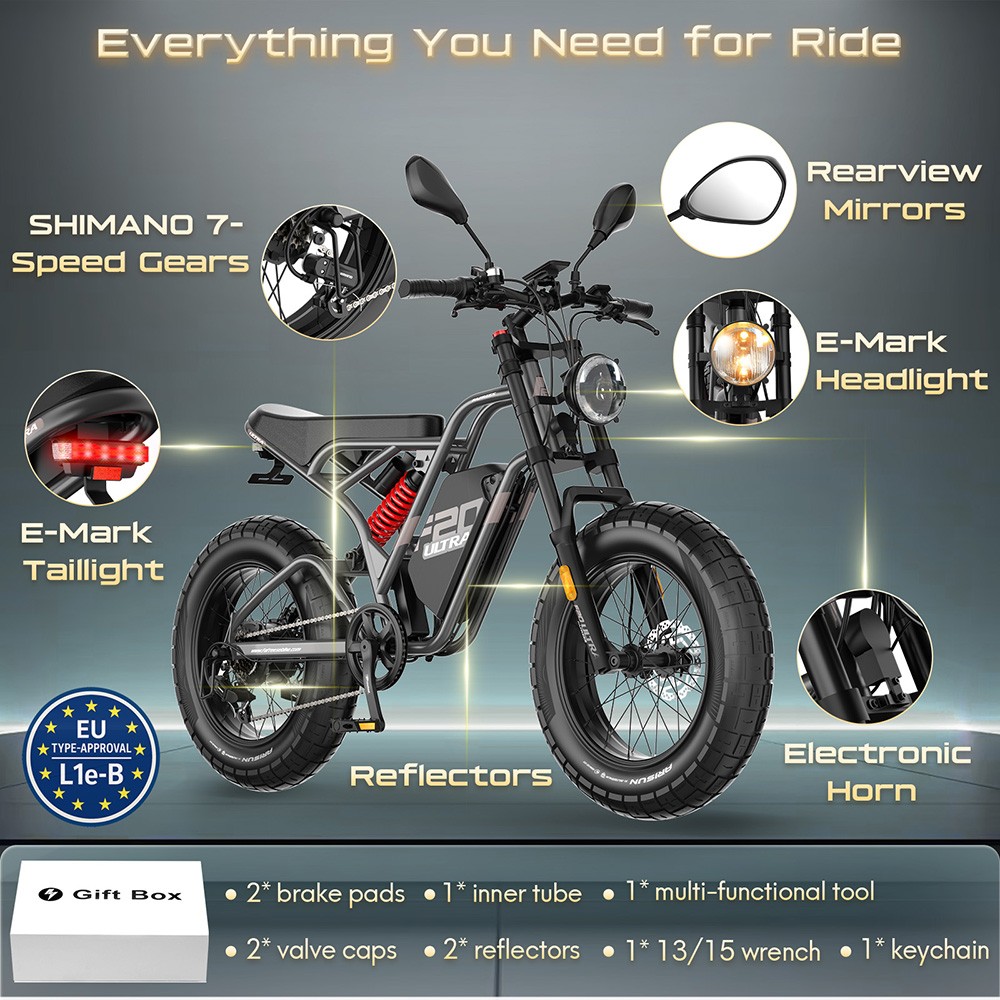 Fafrees F20 Ultra Electric Bike EU L1e-B Certified Version, 750W motor, 48V 25Ah batéria, 20*5 palcové pneumatiky, max. rýchlosť 45 km/h, max. dojazd 140 km, hydraulické kotúčové brzdy, hydraulické odpruženie, LCD displej, Shimano 7 rýchlostí - zelená