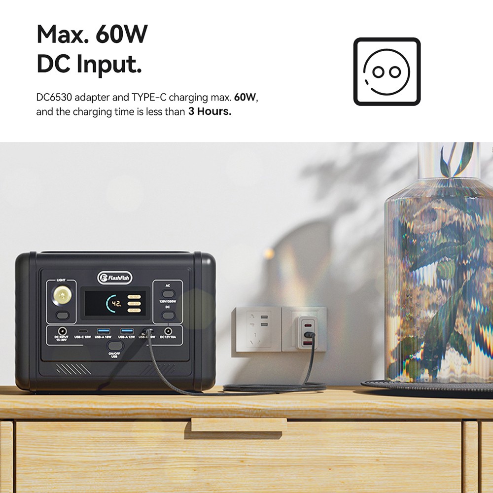 Flashfish T200 200W Tragbare Powerstation, 153,6Wh LiFePO4-Akku, 400W Spitzenleistung, reiner Sinus-Wechselstrom, 60W PD USB-C Schnellladefunktion, 6 Ausg&auml;nge, Solargenerator f&uuml;r Zuhause/Camping/Notf&auml;lle