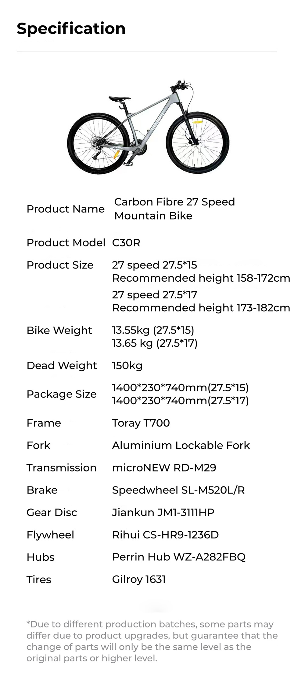 GELEIPU C30R-15 Carbonfaser-Fahrrad, 27,5-Zoll-Reifen, hydraulische Scheibenbremsen vorne und hinten, 27-Gang-Schaltung