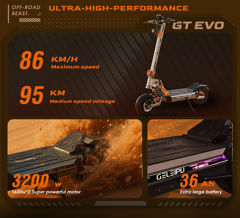 GELEIPU GT EVO Electric Scooter, 1600W*2 motor, 60V 36Ah batéria, 11 palcové pneumatiky, max. rýchlosť 86 km/h, dojazd 95 km, hydraulické brzdy, hydraulický pružinový tlmič