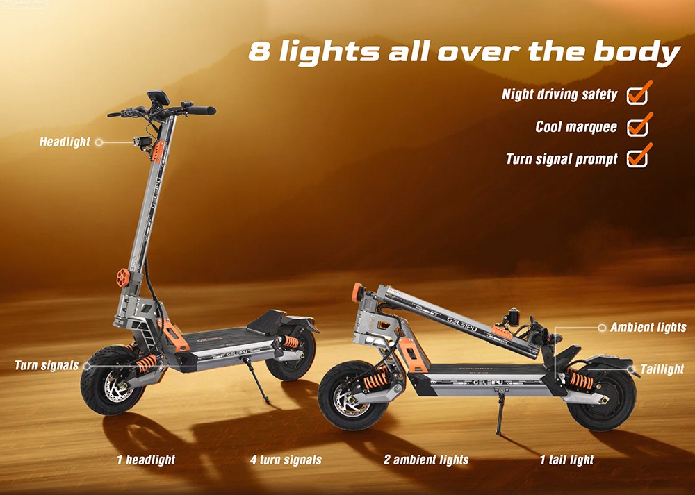 GELEIPU GT EVO Electric Scooter, 1600W*2 motor, 60V 36Ah batéria, 11 palcové pneumatiky, max. rýchlosť 86km/h, dojazd 95km, hydraulické brzdy, hydraulický pružinový tlmič
