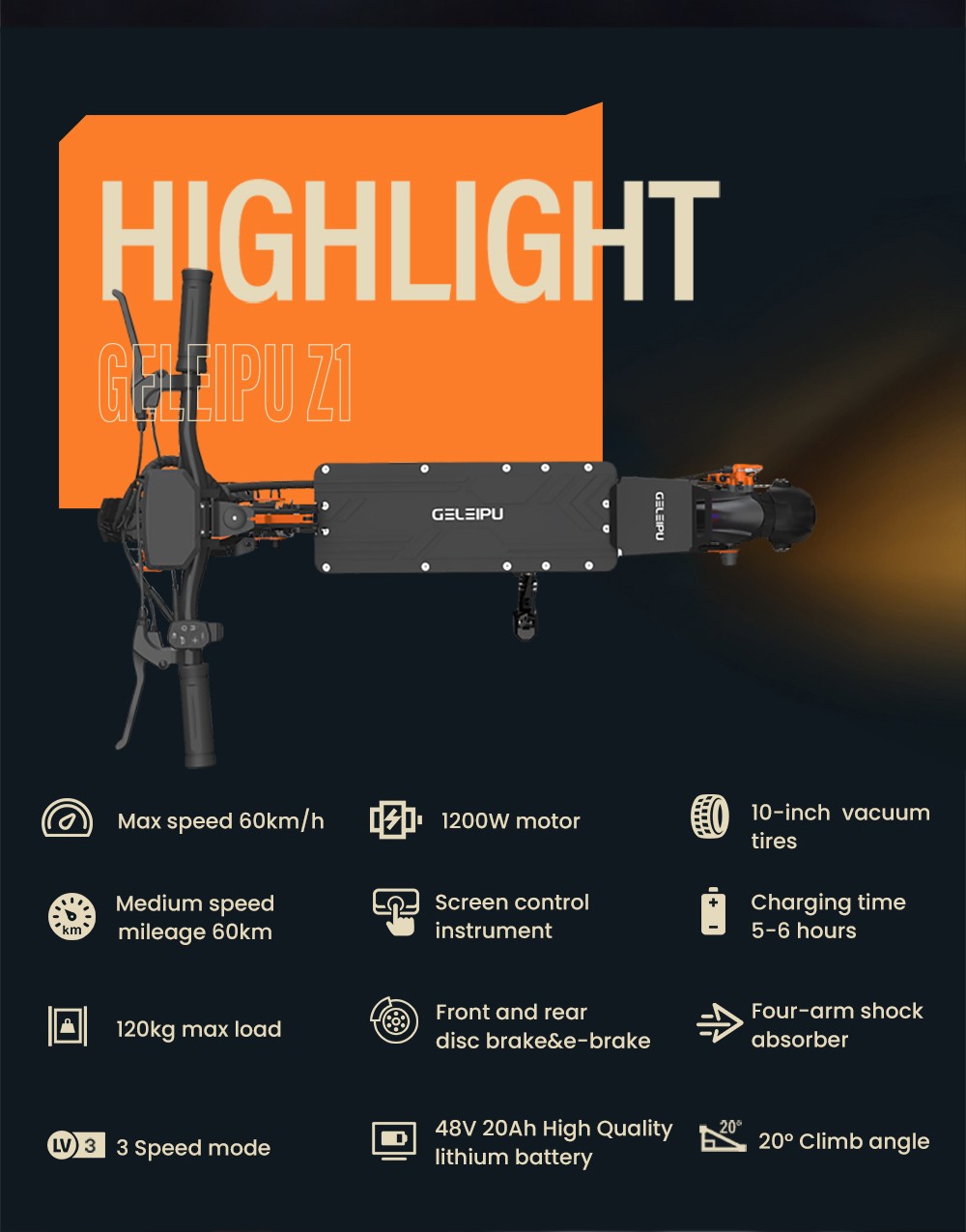 GELEIPU Z1 Electric Scooter, 1200W motor, 48V 20Ah batéria, 10 palcové pneumatiky, max. rýchlosť 60km/h, dojazd 60km, predná & zadná kotúčová brzda, štvorramenné tlmiče