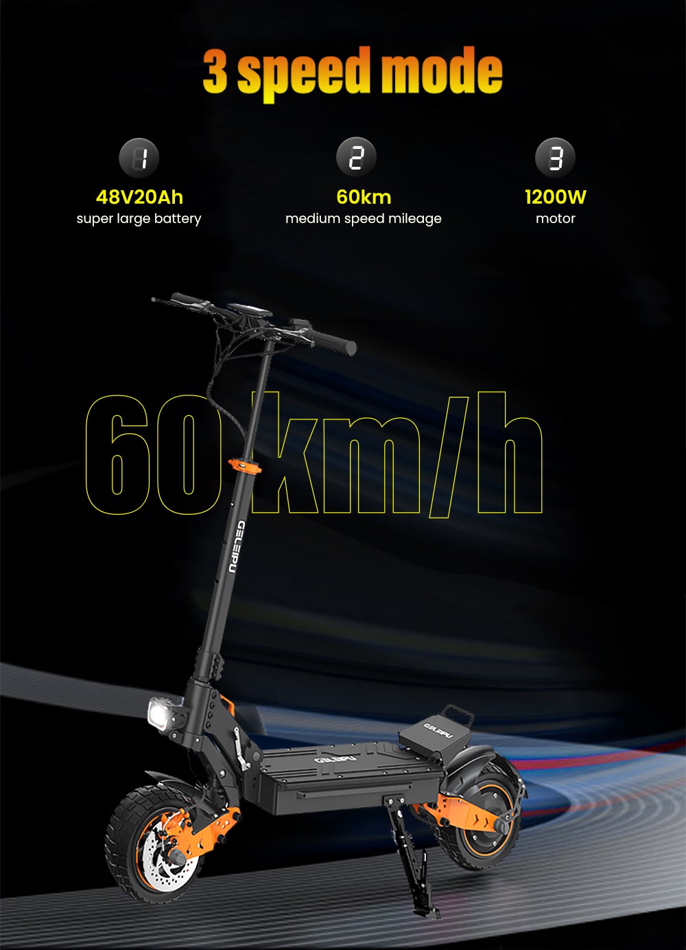 GELEIPU Z1 Electric Scooter, 1200W motor, 48V 20Ah batéria, 10 palcové pneumatiky, max. rýchlosť 60km/h, dojazd 60km, predná & zadná kotúčová brzda, štvorramenné tlmiče