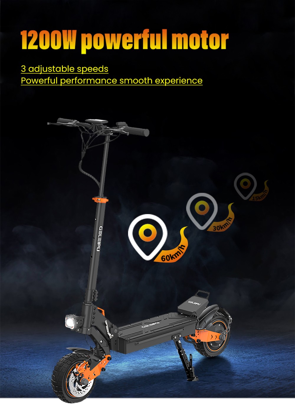 GELEIPU Z1 Electric Scooter, 1200W motor, 48V 20Ah batéria, 10 palcové pneumatiky, max. rýchlosť 60km/h, dojazd 60km, predná & zadná kotúčová brzda, štvorramenné tlmiče