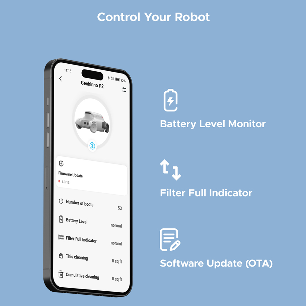Refurbished Genkinno P2 Cordless Robotic Pool Vacuum Cleaner, 70W Suction, 120 Mins Runtime, AdaptiveNav Path Planning, AdaptiveSuc Technology, APP Remote Control,  for Above/In-Ground Flat Pools - Grey