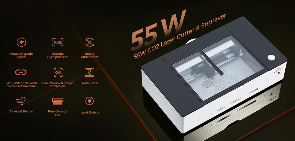 Gweike Cloud Pro 55W CO₂ Lasergravierer mit Drehrolle, Autofokus, 600 mm/s Geschwindigkeit, 0,025mm Pr&auml;zision, 510x300mm Arbeitsbereich, kompatibel mit Holz / Metall / transparentem Acryl / Leder