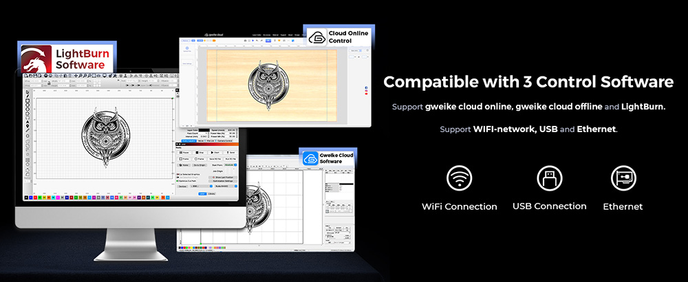 Gweike Cloud Pro 55W CO₂ Lasergravierer mit Drehrolle, Autofokus, 600 mm/s Geschwindigkeit, 0,025mm Pr&auml;zision, 510x300mm Arbeitsbereich, kompatibel mit Holz / Metall / transparentem Acryl / Leder