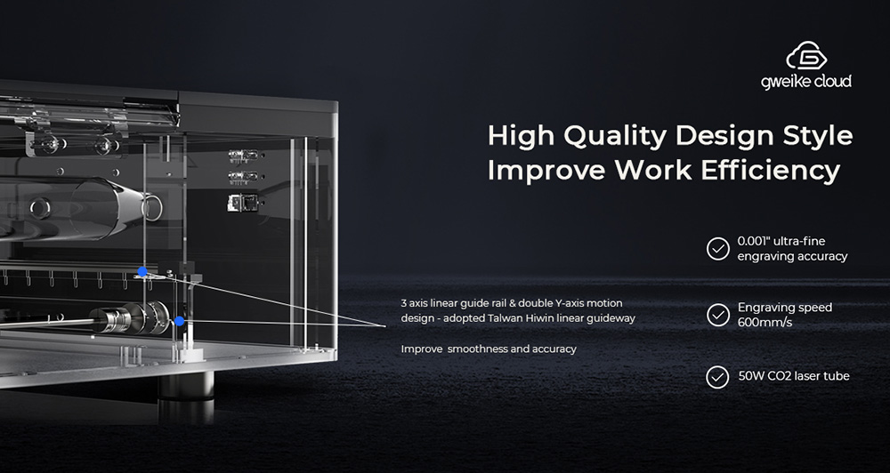 Gweike Cloud Pro 55W CO₂ Laser Engraver with Rotary Roller, Auto Focus, 600mm/s Speed, 0.001' Accuracy, 510mmx300mm Working Area, Compatible with Wood / Metal / Transparent Acrylic / Leather