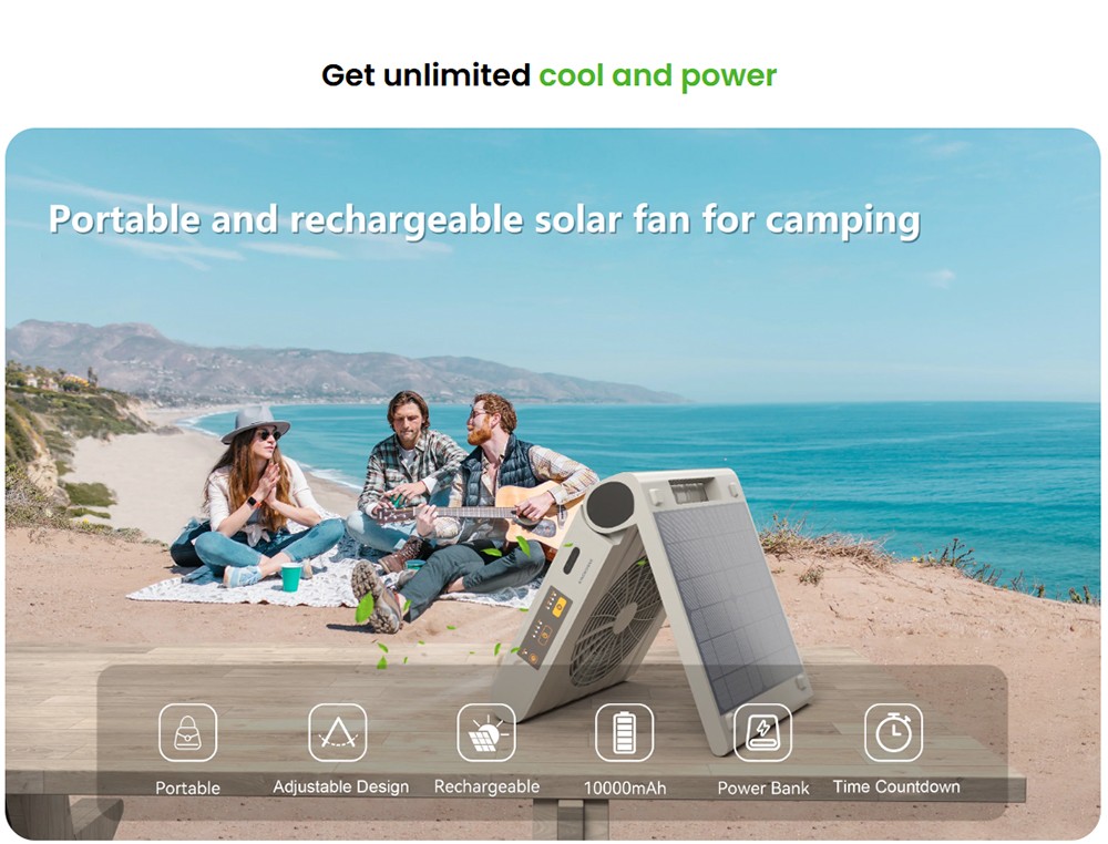 ITEHIL ITSPF Tragbarer Solarventilator & Powerbank, 10000mAh Akku, 4 Geschwindigkeitsstufen, 1700 U/min, drehbar & Timer, Solar- & USB-C-Ladefunktion f&uuml;r Camping & netzunabh&auml;ngigen Einsatz