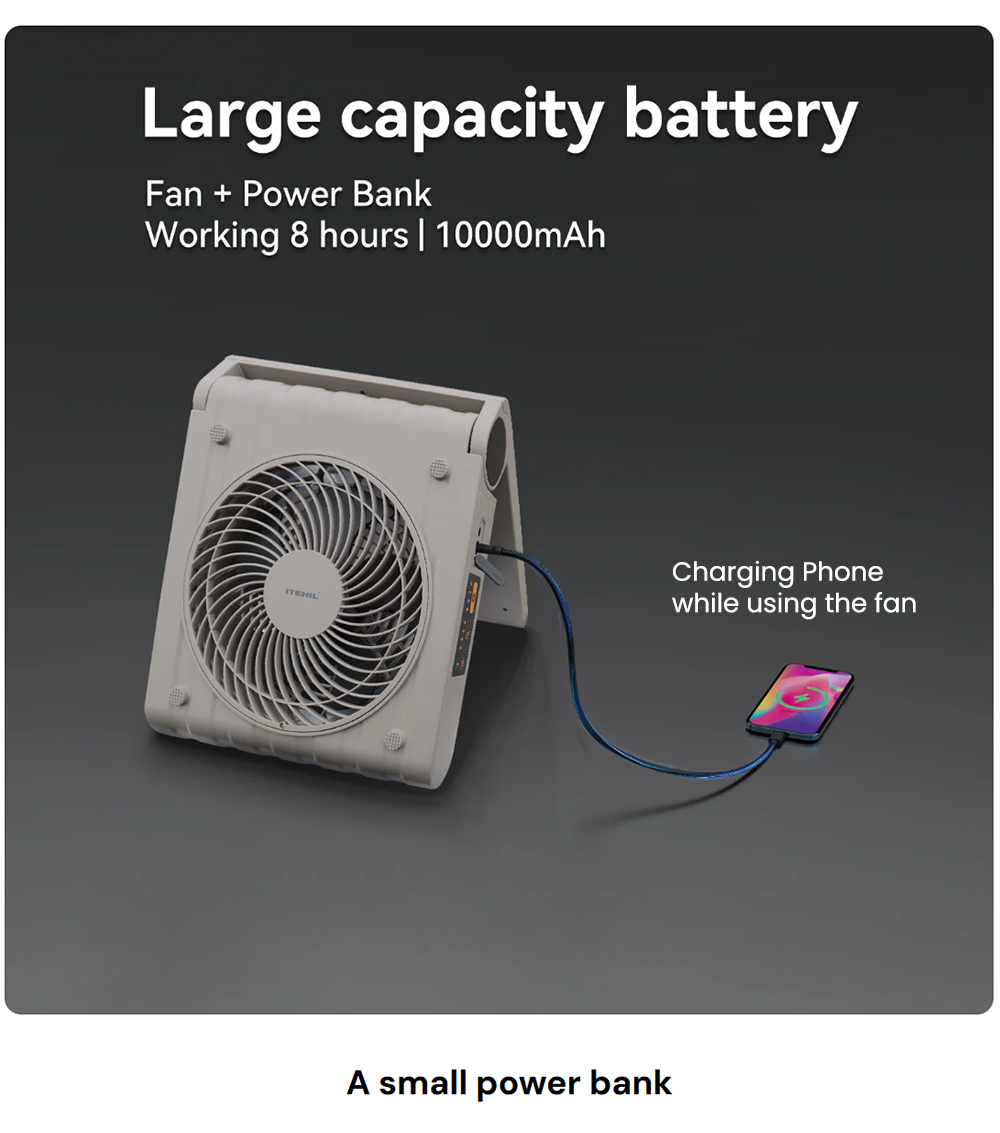 ITEHIL ITSPF Tragbarer Solarventilator & Powerbank, 10000mAh Akku, 4 Geschwindigkeitsstufen, 1700 U/min, drehbar & Timer, Solar- & USB-C-Ladefunktion f&uuml;r Camping & netzunabh&auml;ngigen Einsatz
