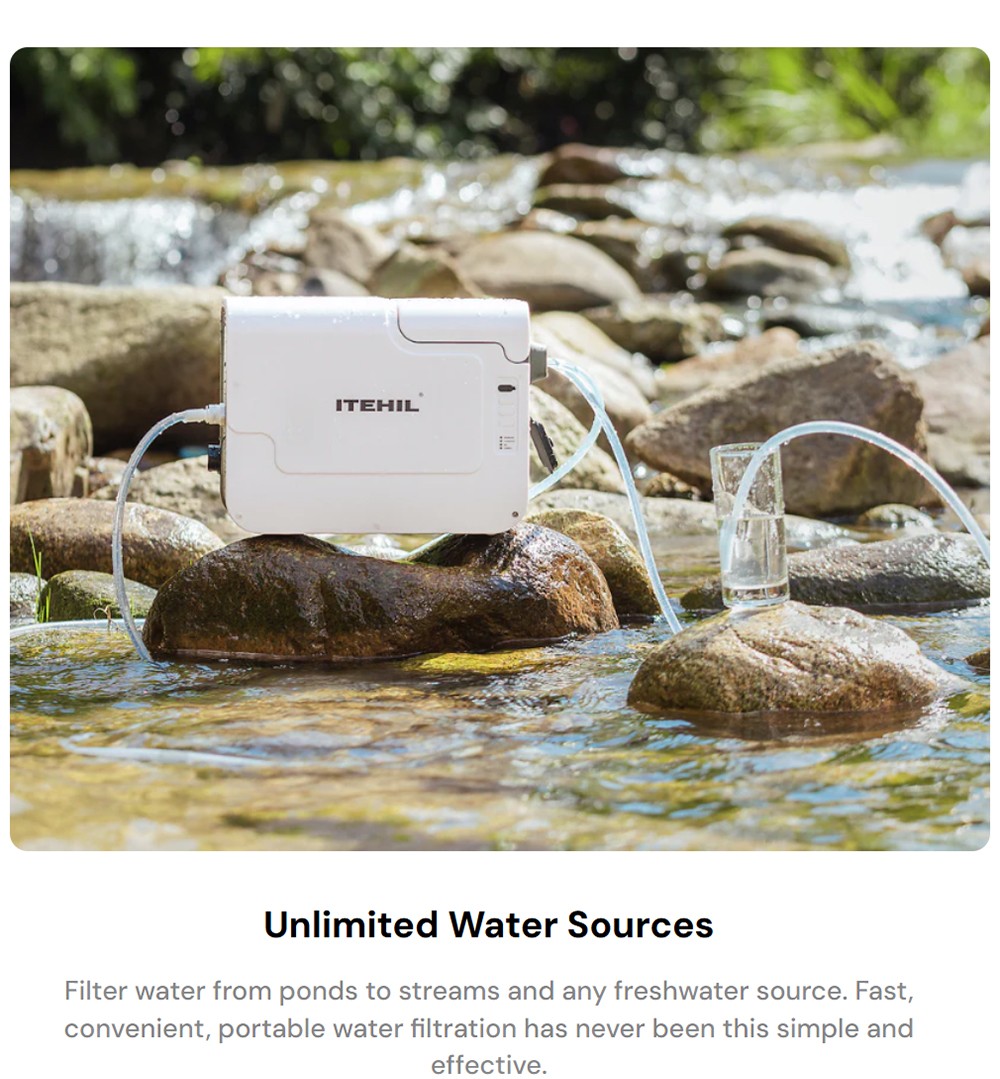 ITEHIL ITS100G-HW Portable Water Purifier with RO & Hybrid Filter, 500ml/min Flow, 9-Gal Output, 0.0001&mu;m Purification, Dual 6000mAh Battery, 600&ndash;800 Gal RO Lifespan