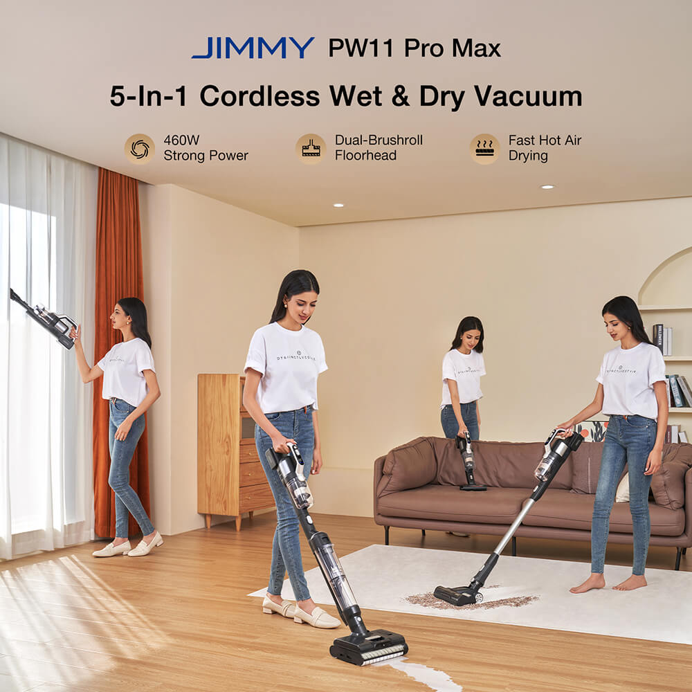 Refurbished JIMMY PW11 Pro Max 5-in-1 Cordless Vacuum & Washer, 460W Strong Power, Double Cleaning, Hot Air Fast Dry, LED Screen, 180&deg; Lay Flat Design, Dual Roller Brushes, For Hard Floors, Pet Hair and the Whole House, Silver-Black Color