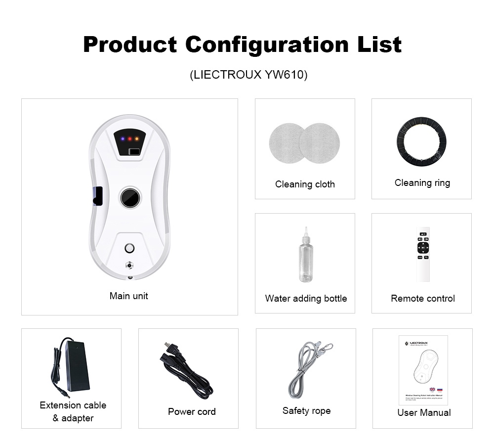 Refurbished Liectroux YW610 Robot Window Vacuum Cleaner, Single Water Spray, 2800Pa Suction, 30ml Water Tank, Border Detection, Remote Control, 20min Power Failure Protection
