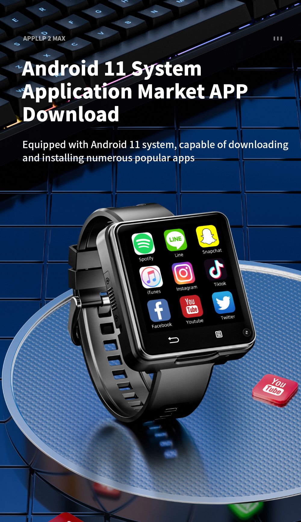 LOKMAT APPLLP 2 MAX Abnehmbare Smartwatch, 4 GB RAM, 64 GB ROM, 2,64-Zoll-Bildschirm, Android 11, unterst&uuml;tzt 4G/5G-SIM, Bluetooth-Verbindung, GPS-Ortung, 1200-mAh-Akku