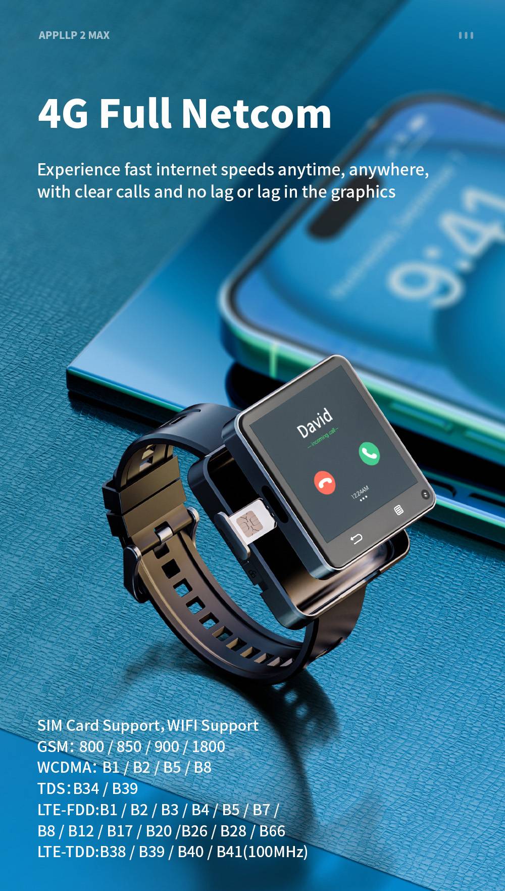 LOKMAT APPLLP 2 MAX Abnehmbare Smartwatch, 4 GB RAM, 64 GB ROM, 2,64-Zoll-Bildschirm, Android 11, unterst&uuml;tzt 4G/5G-SIM, Bluetooth-Verbindung, GPS-Ortung, 1200-mAh-Akku