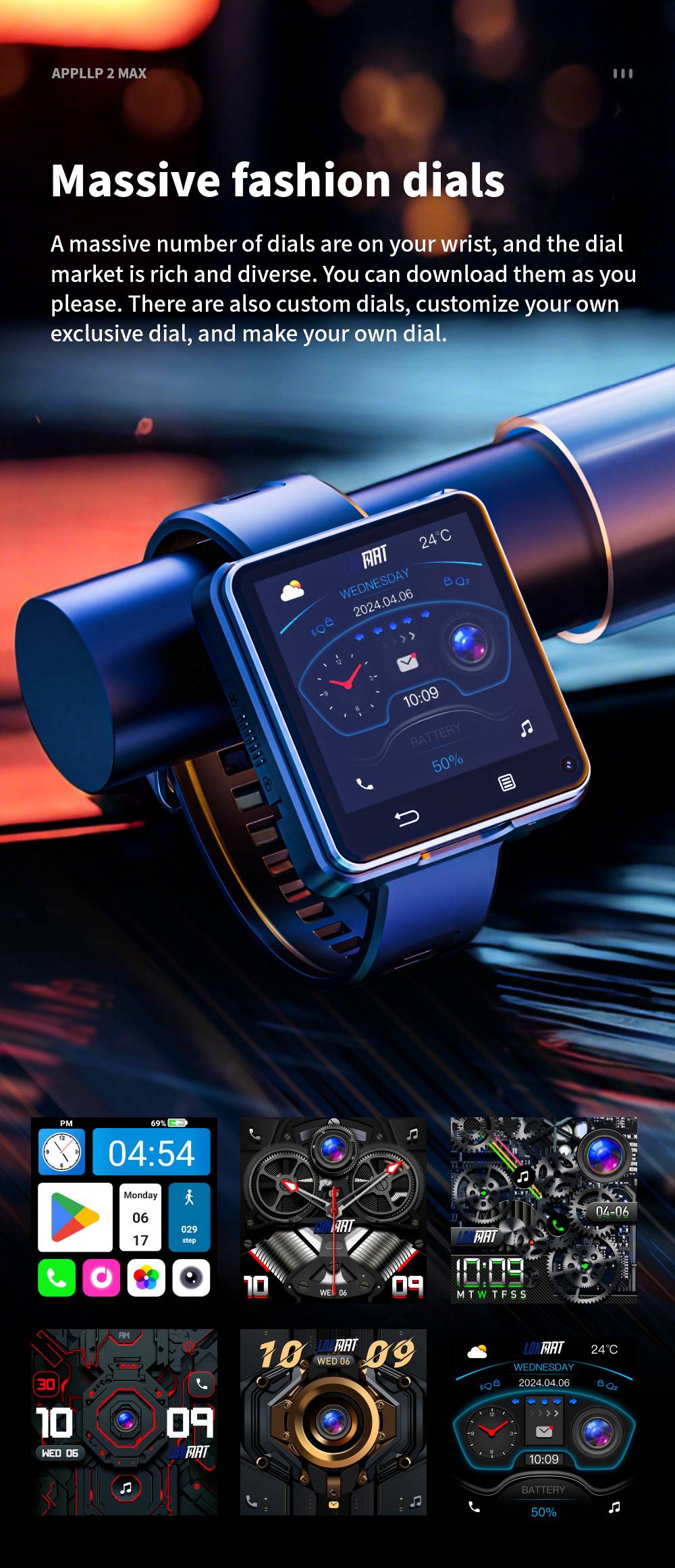 LOKMAT APPLLP 2 MAX Abnehmbare Smartwatch, 4 GB RAM, 64 GB ROM, 2,64-Zoll-Bildschirm, Android 11, unterst&uuml;tzt 4G/5G-SIM, Bluetooth-Verbindung, GPS-Ortung, 1200-mAh-Akku