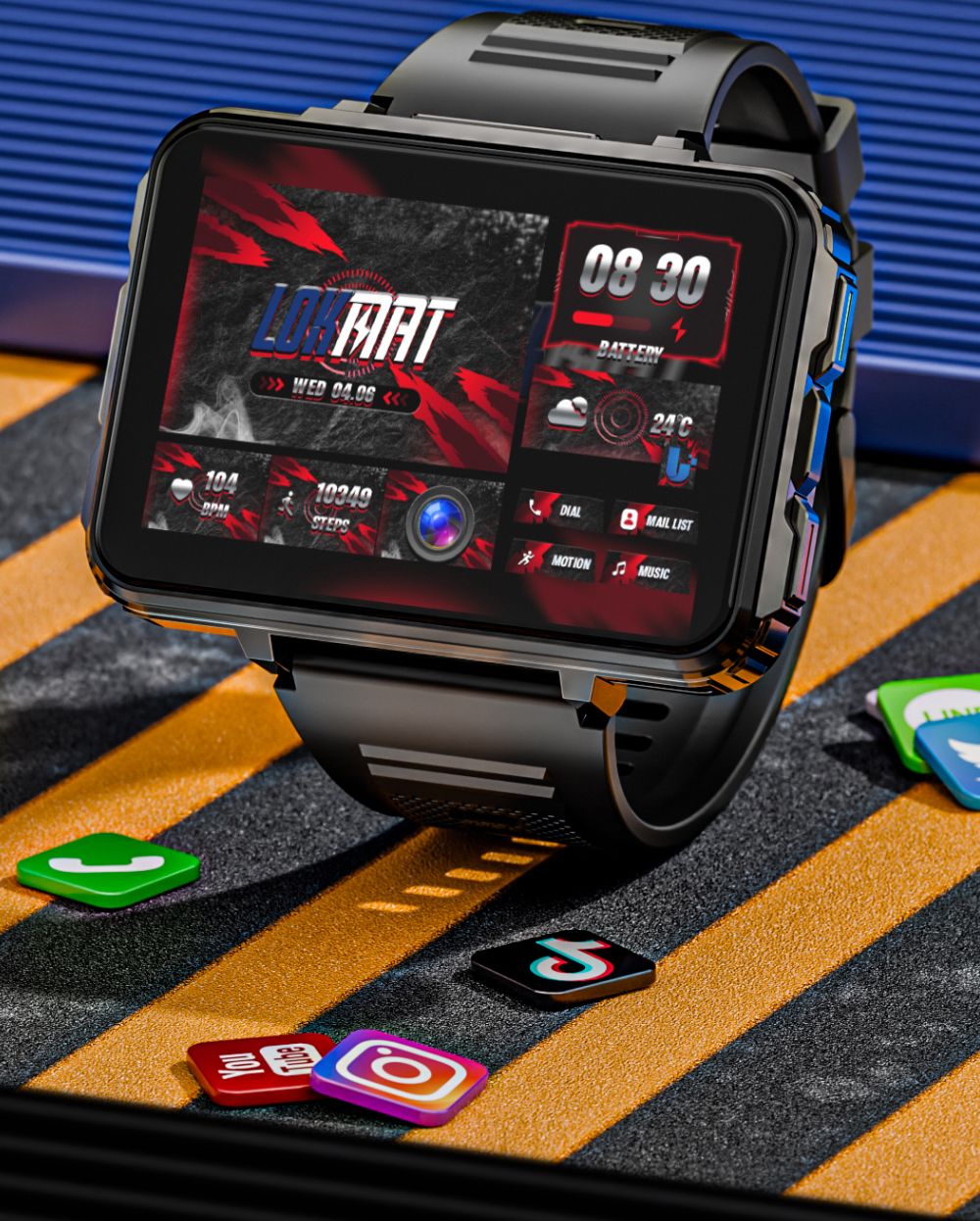 LOKMAT APPLLP 5 MAX Smartwatch, 2,4-Zoll-HD-Bildschirm, Android 10.7, 1500-mAh-Akku, 4G-Telefonie, Dual-Kamera, 4 GB + 64 GB, Herzfrequenz- und Blutsauerstoffmessung