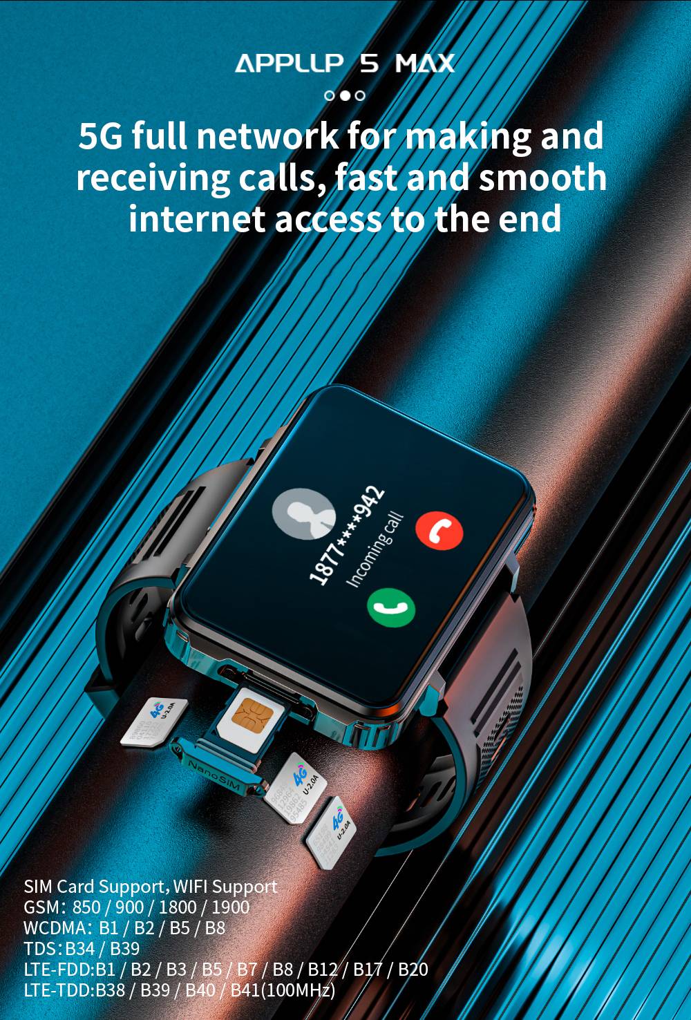 LOKMAT APPLLP 5 MAX Smartwatch, 2,4-Zoll-HD-Bildschirm, Android 10.7, 1500-mAh-Akku, 4G-Telefonie, Dual-Kamera, 4 GB + 64 GB, Herzfrequenz- und Blutsauerstoffmessung