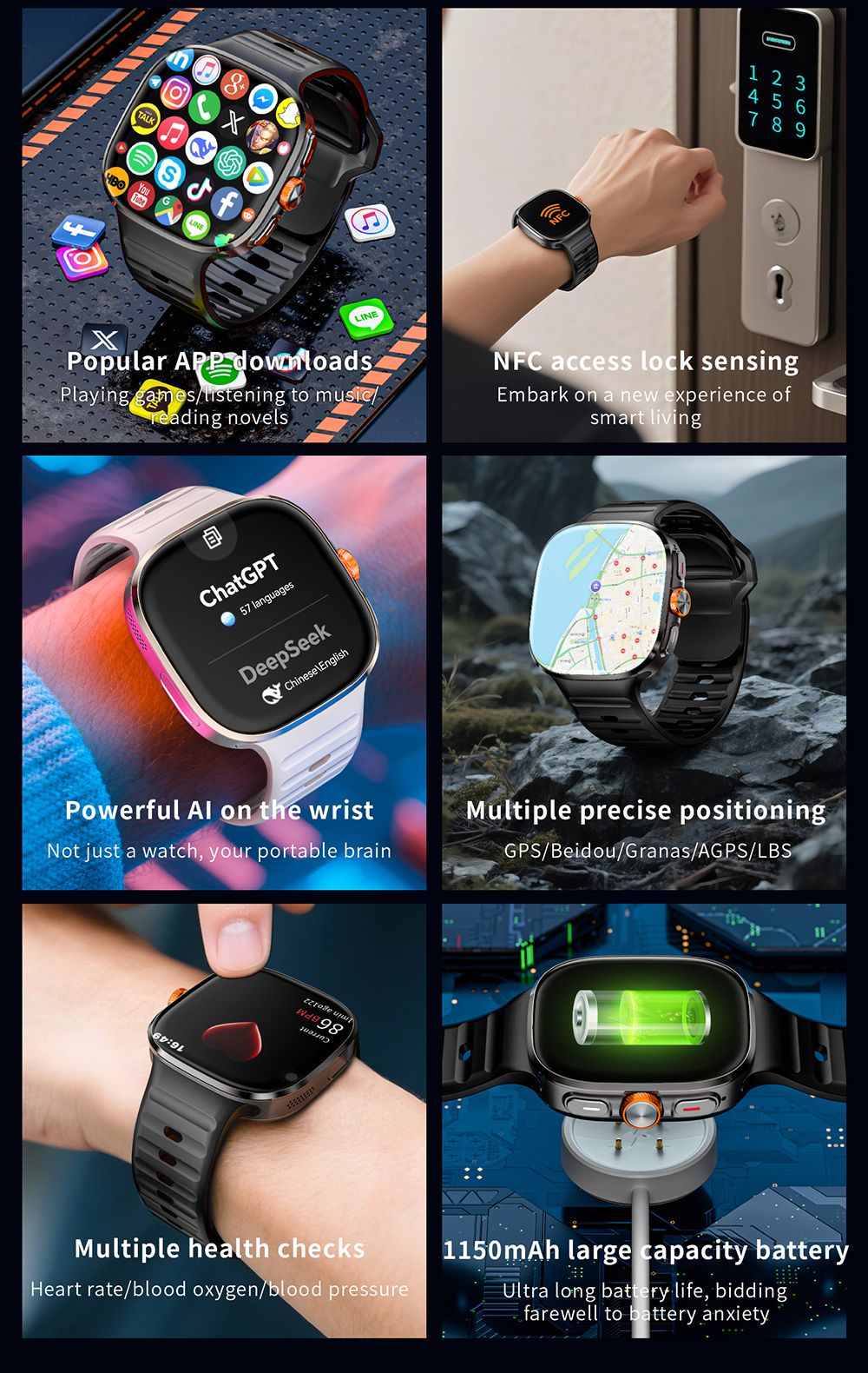 LOKMAT APPLLP 6 MAX Smartwatch, 3 GB RAM, 32 GB ROM, 2,16 Zoll AMOLED-Bildschirm, unterst&uuml;tzt 4G/5G LTE, GPS-Ortung