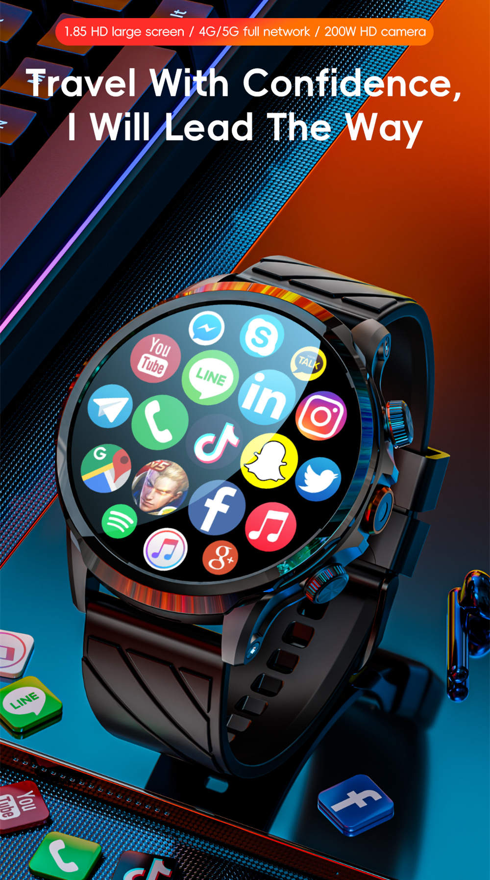 Montre connect&eacute;e LOKMAT APPLLP 8 Pro, Android 8.1, &eacute;cran TFT HD 1,85'', appels 4G, acc&egrave;s NFC, surveillance de la fr&eacute;quence cardiaque et de l'oxyg&egrave;ne sanguin