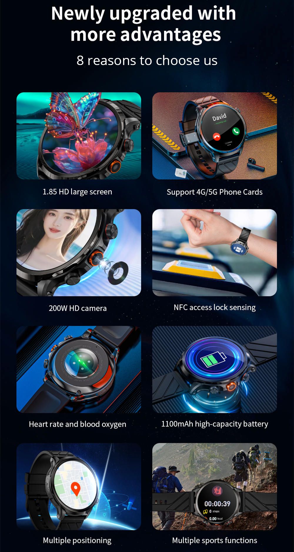 Montre connect&eacute;e LOKMAT APPLLP 8 Pro, Android 8.1, &eacute;cran TFT HD 1,85'', appels 4G, acc&egrave;s NFC, surveillance de la fr&eacute;quence cardiaque et de l'oxyg&egrave;ne sanguin