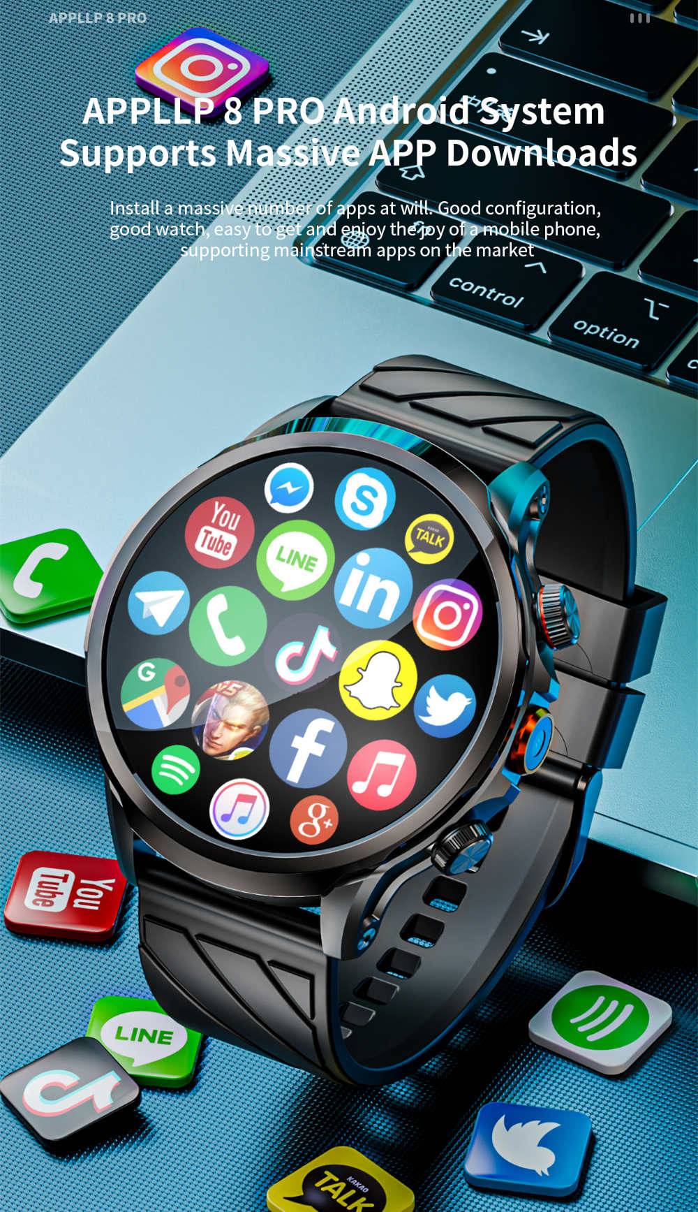 Montre connect&eacute;e LOKMAT APPLLP 8 Pro, Android 8.1, &eacute;cran TFT HD 1,85'', appels 4G, acc&egrave;s NFC, surveillance de la fr&eacute;quence cardiaque et de l'oxyg&egrave;ne sanguin