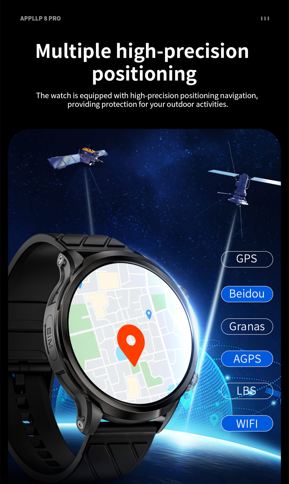 Montre connect&eacute;e LOKMAT APPLLP 8 Pro, Android 8.1, &eacute;cran TFT HD 1,85'', appels 4G, acc&egrave;s NFC, surveillance de la fr&eacute;quence cardiaque et de l'oxyg&egrave;ne sanguin
