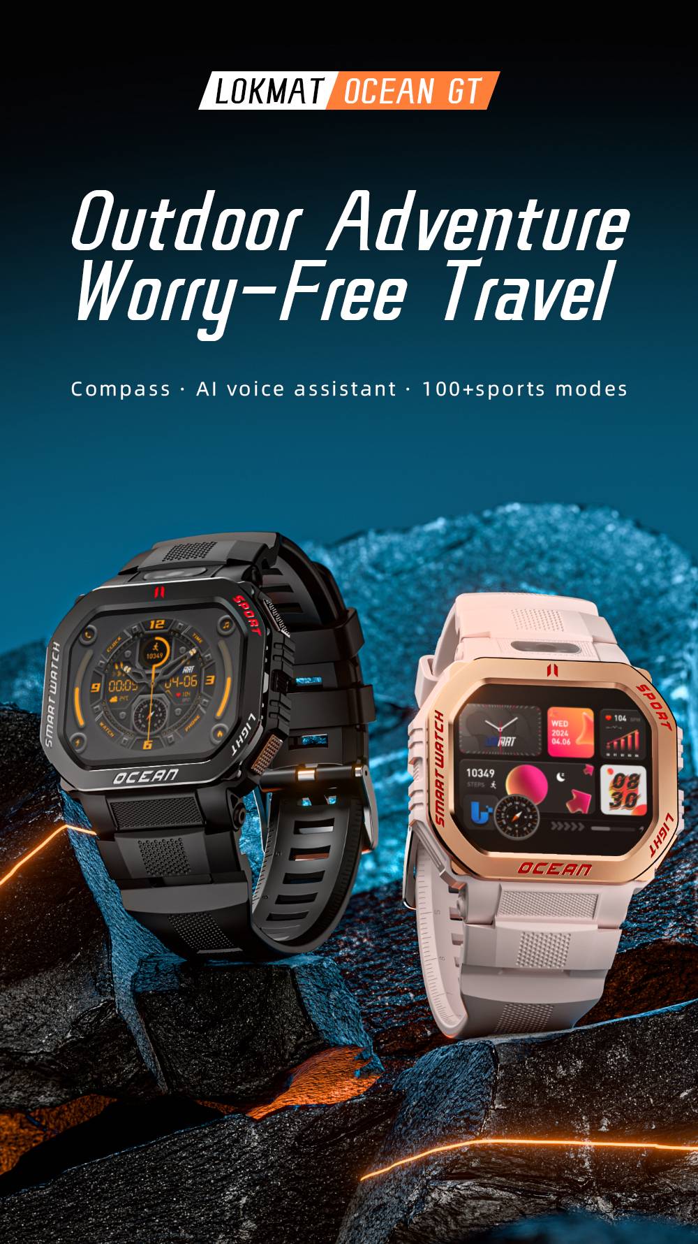 LOKMAT OCEAN GT Smartwatch, 1,75-Zoll-Display, Taschenlampe & Kompass, KI-Sprachassistent, Bluetooth-Anrufe, wasserdicht bis 3 ATM, Gesundheits&uuml;berwachung, &uuml;ber 100 Sportmodi &ndash; Gold