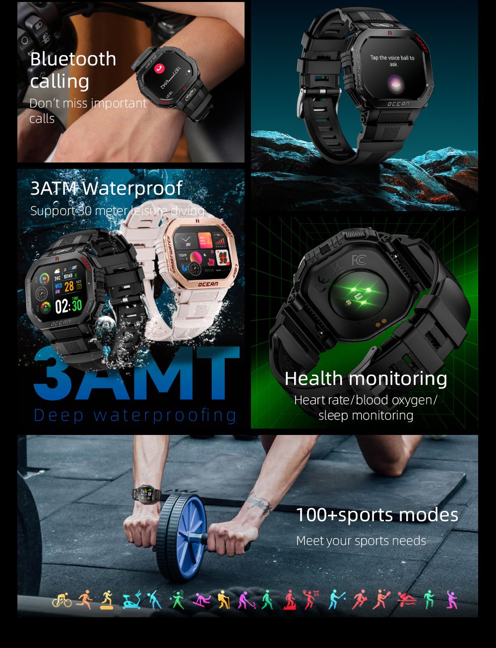 LOKMAT OCEAN GT Smartwatch, 1,75-Zoll-Display, Taschenlampe & Kompass, KI-Sprachassistent, Bluetooth-Anrufe, wasserdicht bis 3 ATM, Gesundheits&uuml;berwachung, &uuml;ber 100 Sportmodi &ndash; Gold