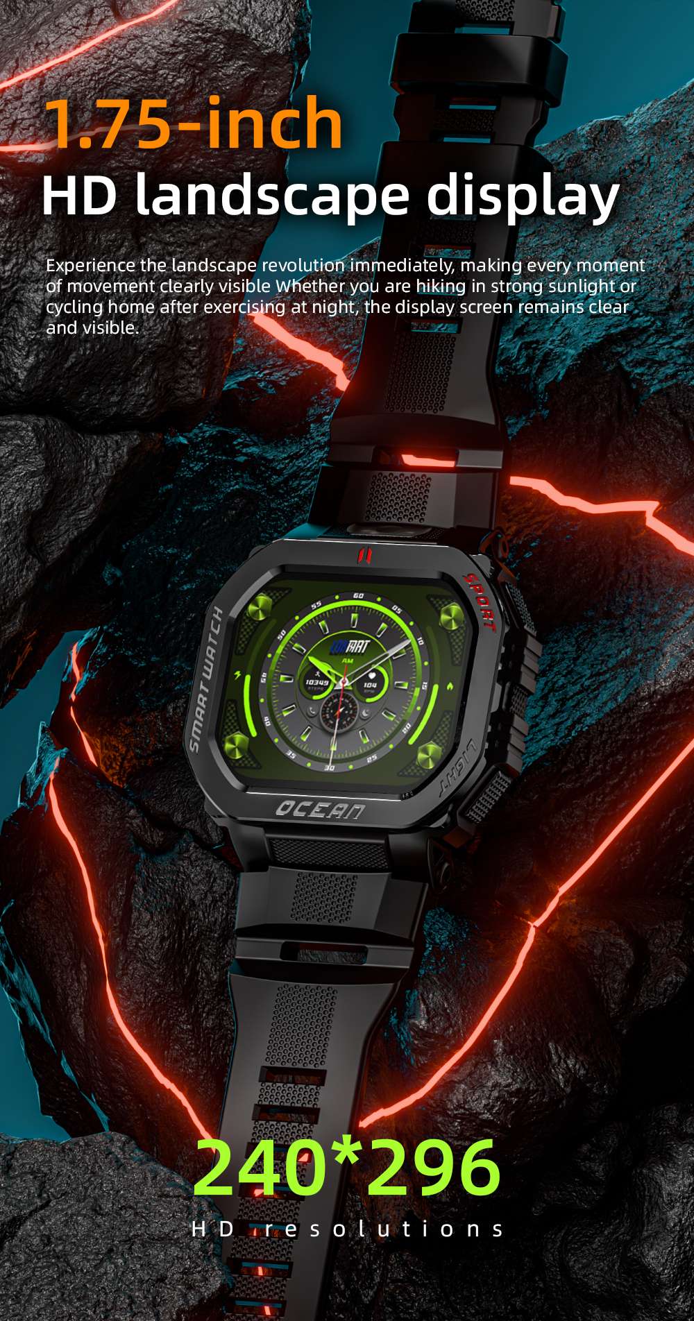 LOKMAT OCEAN GT Smartwatch, 1,75-Zoll-Display, Taschenlampe & Kompass, KI-Sprachassistent, Bluetooth-Anrufe, wasserdicht bis 3 ATM, Gesundheits&uuml;berwachung, &uuml;ber 100 Sportmodi &ndash; Gold