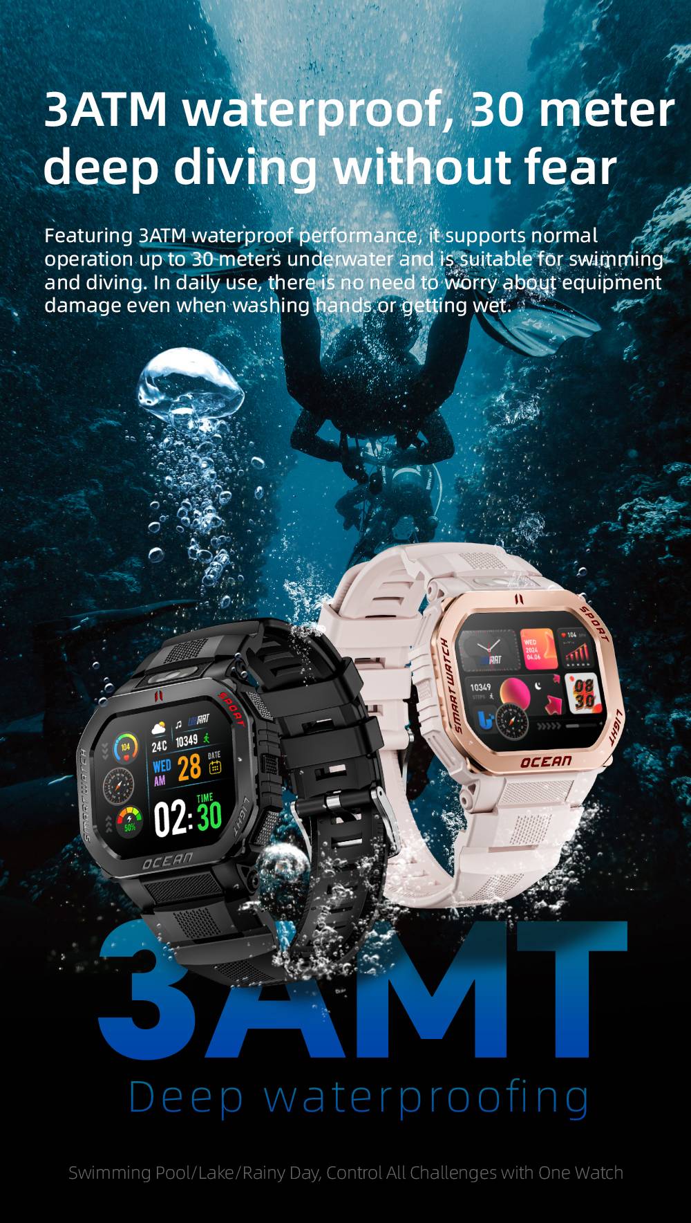 LOKMAT OCEAN GT Smartwatch, 1,75-Zoll-Display, Taschenlampe & Kompass, KI-Sprachassistent, Bluetooth-Anrufe, wasserdicht bis 3 ATM, Gesundheits&uuml;berwachung, &uuml;ber 100 Sportmodi &ndash; Gold