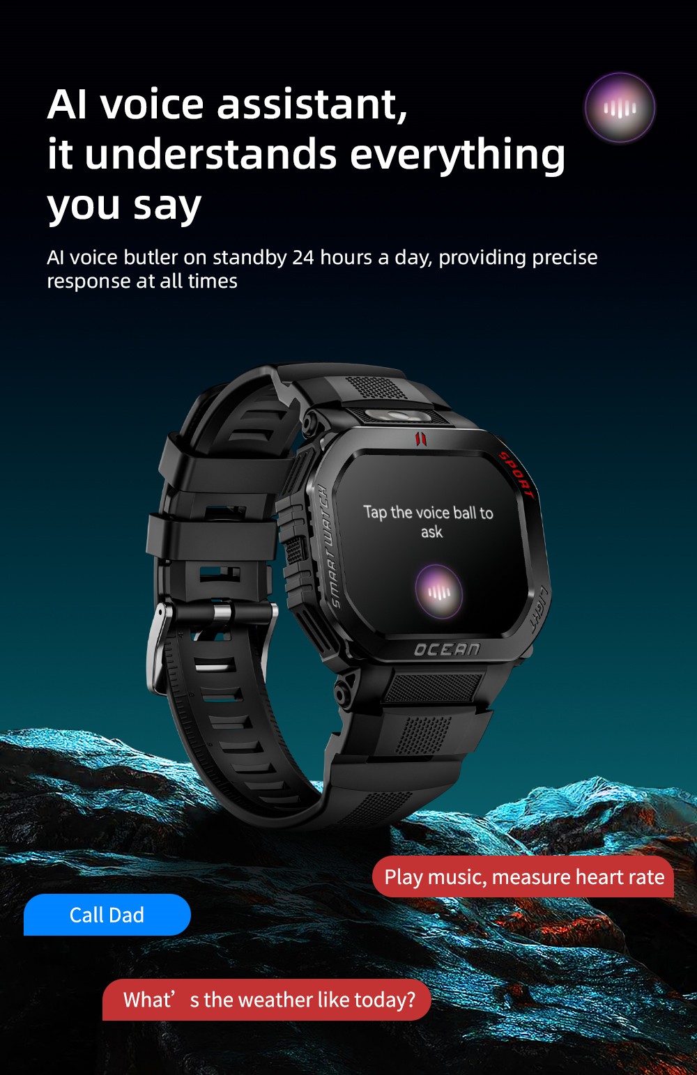 LOKMAT OCEAN GT Smartwatch, 1,75-Zoll-Display, Taschenlampe & Kompass, KI-Sprachassistent, Bluetooth-Anrufe, wasserdicht bis 3 ATM, Gesundheits&uuml;berwachung, &uuml;ber 100 Sportmodi &ndash; Gold