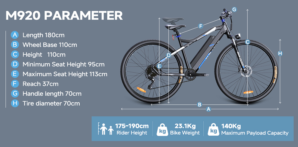 Elektrobicykel M920, 250W motor, 36V 13Ah batéria, 27.5 palcové pneumatiky, max. rýchlosť 25 km/h, dojazd 60 km, predné & zadné mechanické kotúčové brzdy, 9 rýchlostí - modrá